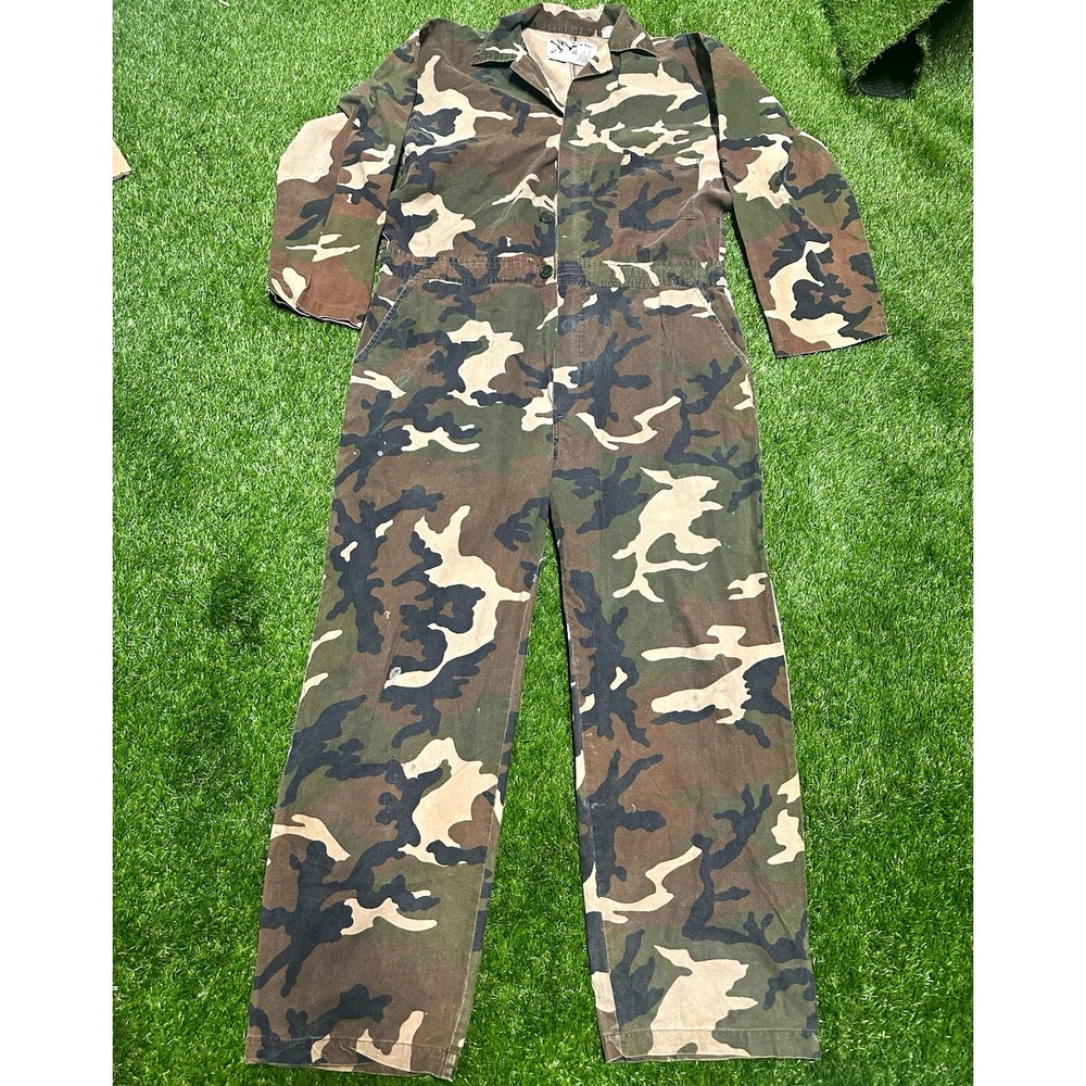 Duck Bay Unisex Camo Cotton Canvas Coveralls Jumpsuit Size L Green/Brown